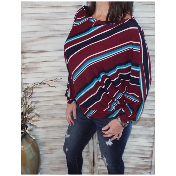 Striped Boatneck Dolman Off Shoulder Burgundy 0120 - Picture 6 of 11